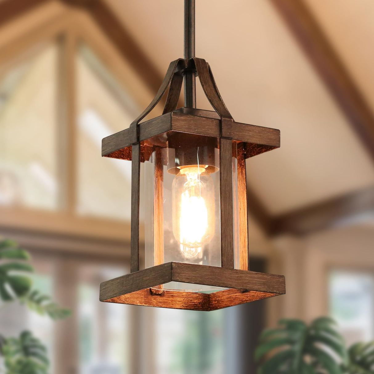 LOG BARN Pendant Lights Kitchen Island, Farmhouse Kitchen Pendant Lighting Over Island with Clear Glass, Rustic Faux Wood Pendant Light Fixtures, 5.5'' x 10.3'' LOG BARN