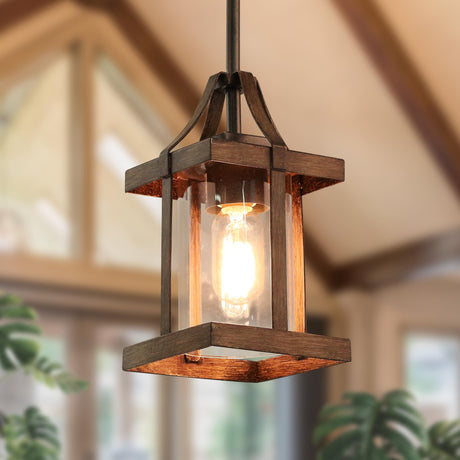 LOG BARN Pendant Lights Kitchen Island, Farmhouse Kitchen Pendant Lighting Over Island with Clear Glass, Rustic Faux Wood Pendant Light Fixtures, 5.5'' x 10.3'' LOG BARN