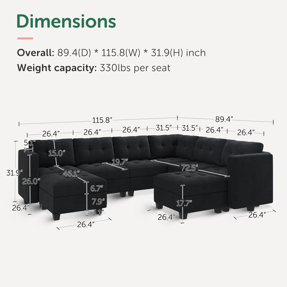 HONBAY Modular Sectional Sofa with Storage Ottomans Oversized U Shaped Couch with Chaises 8-Seater Sectional Sofa for Living Room, Black HONBAY