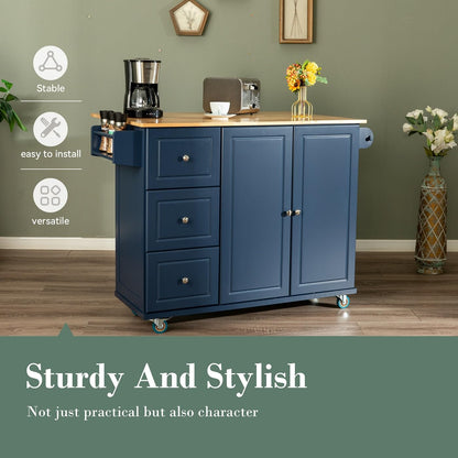 MFSTUDIO Large Rolling Kitchen Island on Wheels, Mobile Kitchen Island Cart with Drop Leaf, 3 Drawers, Wood Countertop, Portable Kitchen Island with Storage for Kitchen Dining Room, Navy Blue - WoodArtSupply