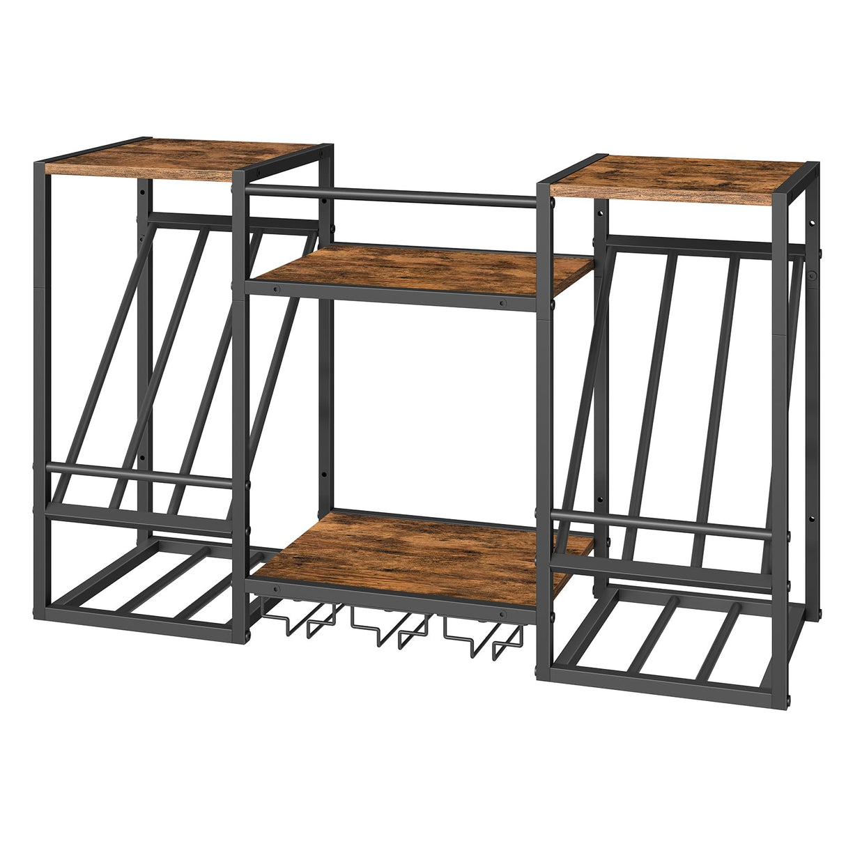 HOOBRO Wall Mounted Wine Rack, 3-Tier Wall Wine Rack, Floating Shelf with Wine Glass and Bottle Holders, Display Storage Shelf, for Dining Room, Kitchen, Living Room, Rustic Brown and Black BF23BJ01 HOOBRO