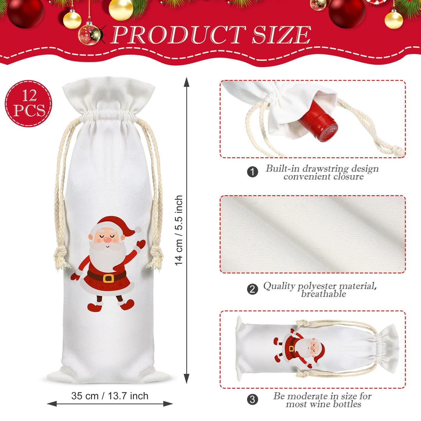 Riakrum 12 Pieces Sublimation Wine Bags Sublimation Christmas Blanks Wine Gift Bag with Drawstring Reusable Polyester Sublimation Sack Blanks with 2 Rolls Tape for Christmas DIY Birthday Wedding Party