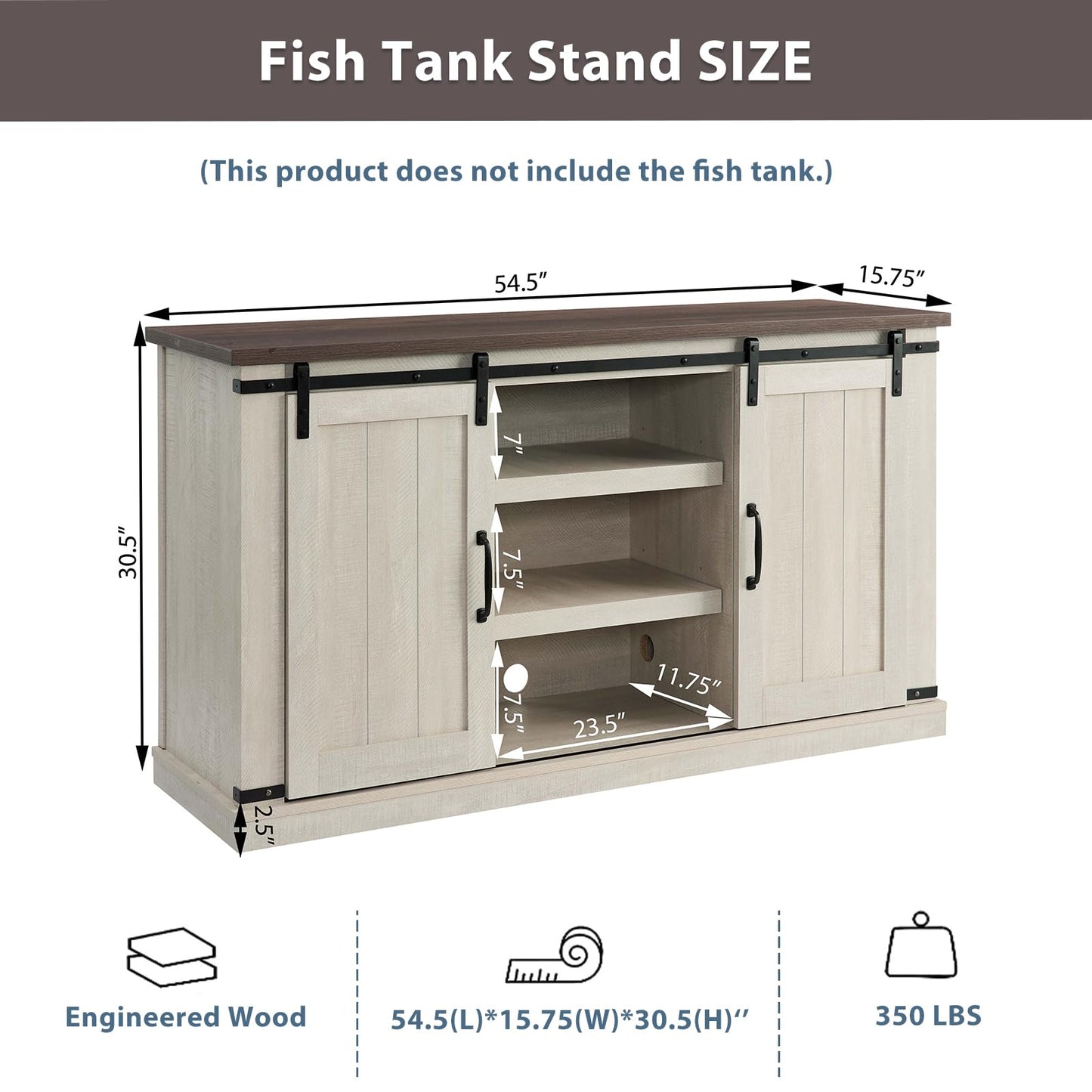 BESTTOONE Fish Tank Stand, 20 Gallon Aquarium Stand with Open Storage Space and Cable Holes, Fish Tank Table with Sliding Doors, 54.5" W*15.75" D*30.5" H, Light Gray