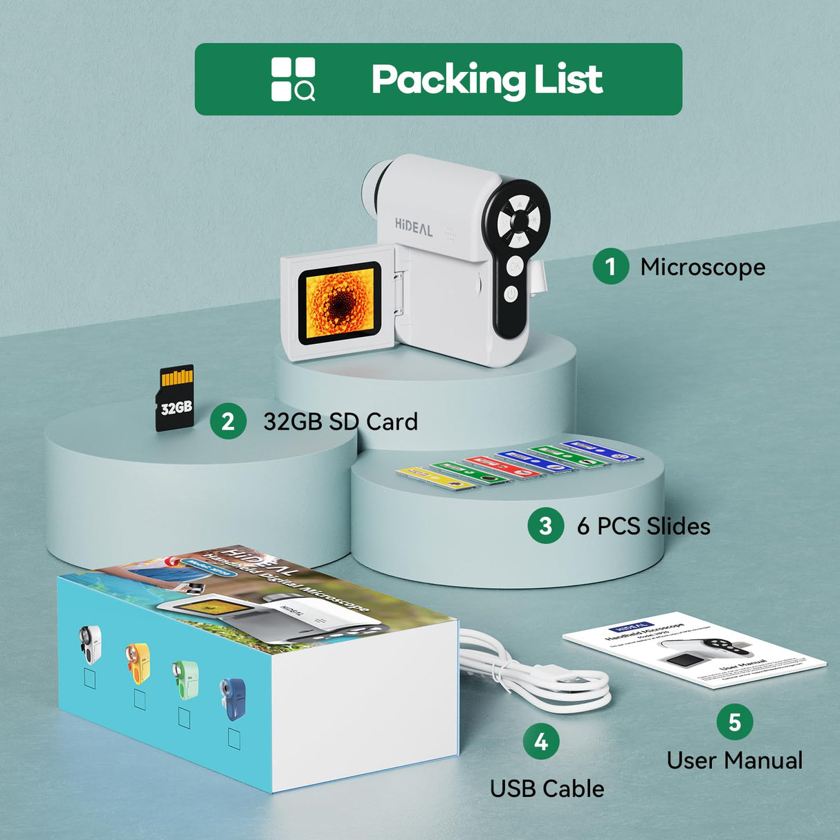 Hideal HP20 IPS Microscope for Kids: [3-in-1] [Easy and Fun] 2" Portable Handheld Microscope Miniscope, Pocket Mini Scope Educational Science Kit, Christmas Birthday Gifts for Kids, 32GB, White Hideal