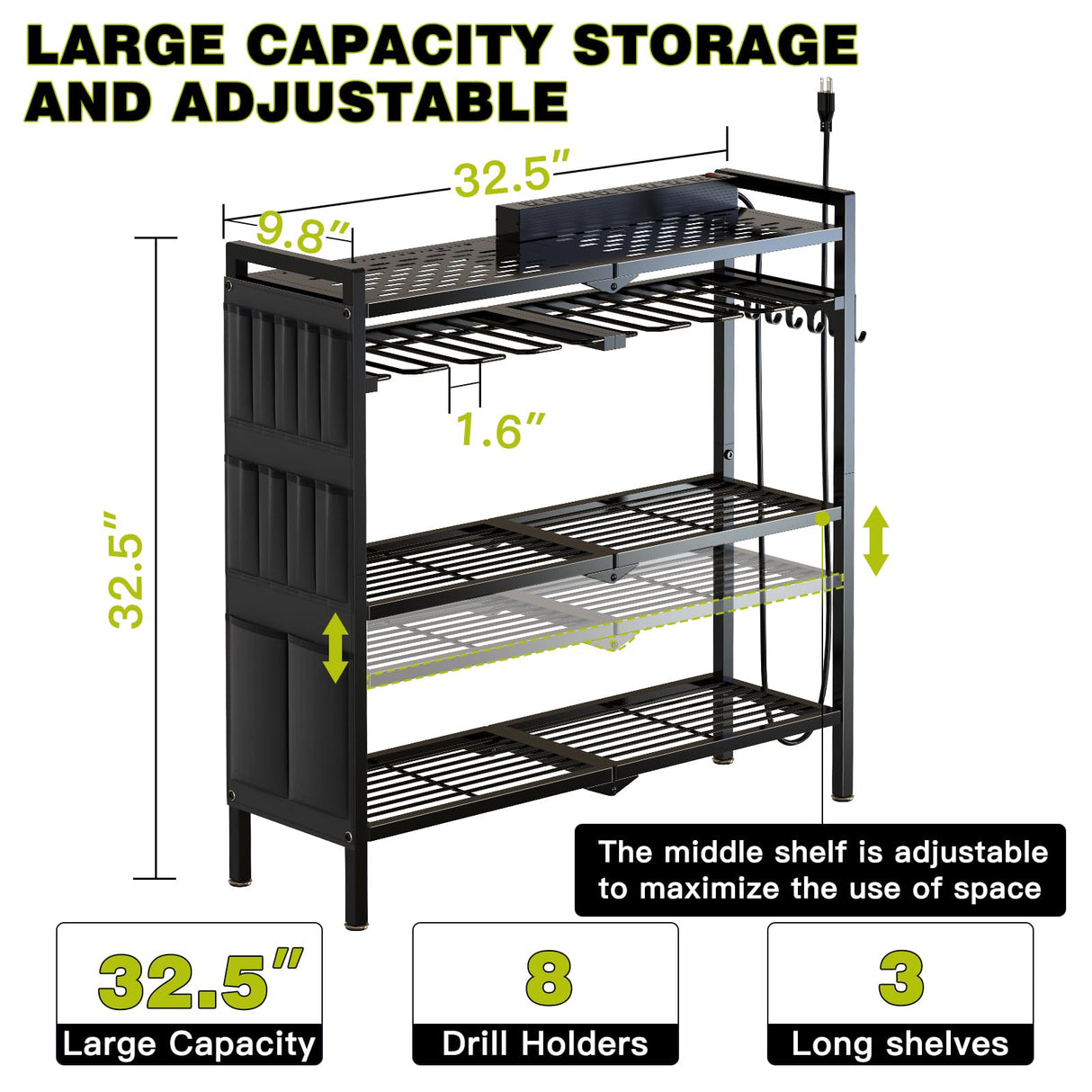 NattyDot Large Power Tool Organizer Cart with Charging Station 8 Drill Holder Garage Storage Standing Heavy Duty and Stability Storage Rack Utility Tool Shelf (Black) NattyDot