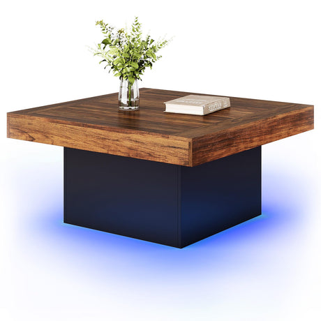 LITTLE TREE Square Coffee Table with LED Lights, 35-inch Living Room Tables, Modern Coffee Tables for Living Room, Brown and Black Wooden Center Table Cocktail Table for Home LITTLE TREE