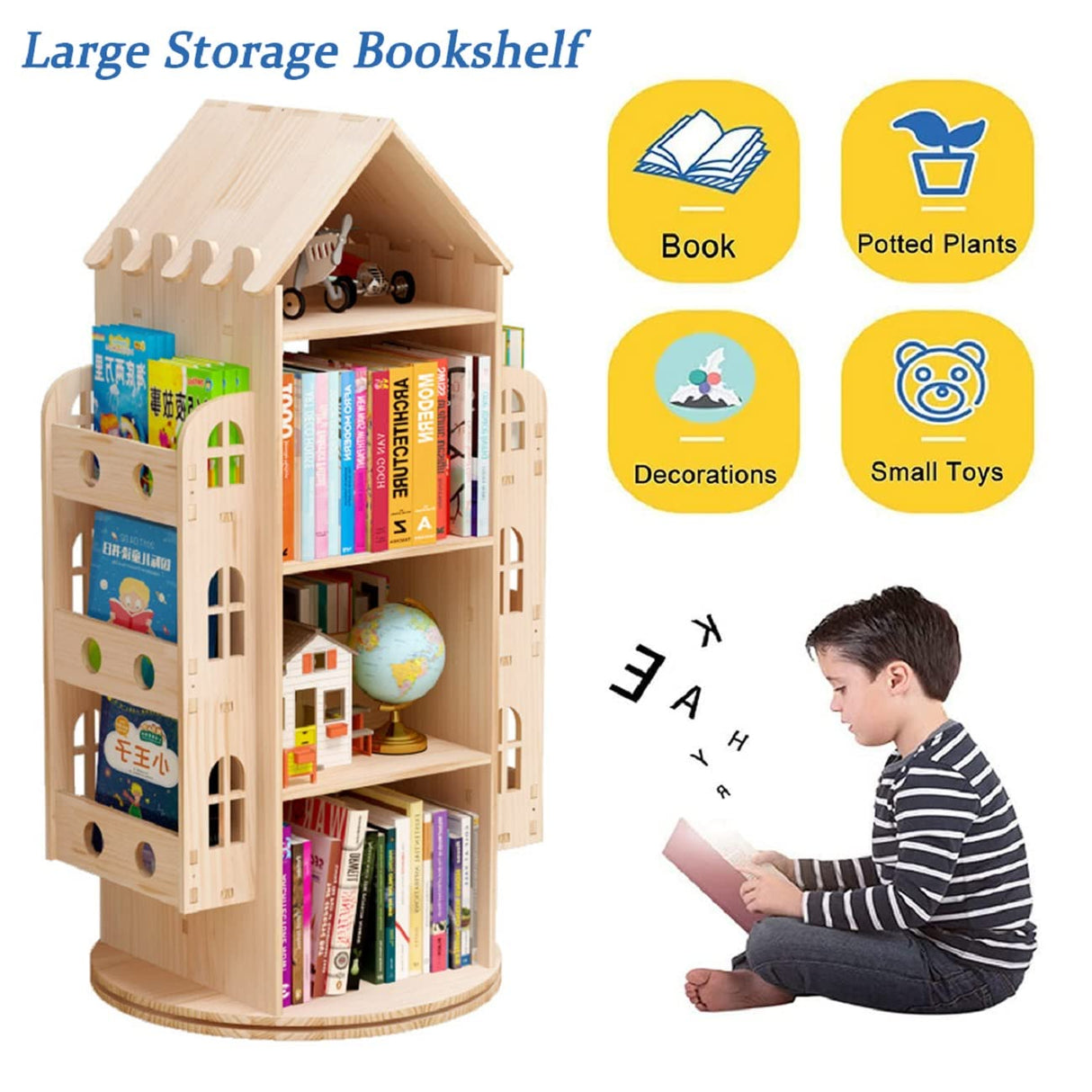 Gdrasuya10 360° Rotating Castle Bookshelf for Kids – Floor Standing Wood Bookcase Gdrasuya10