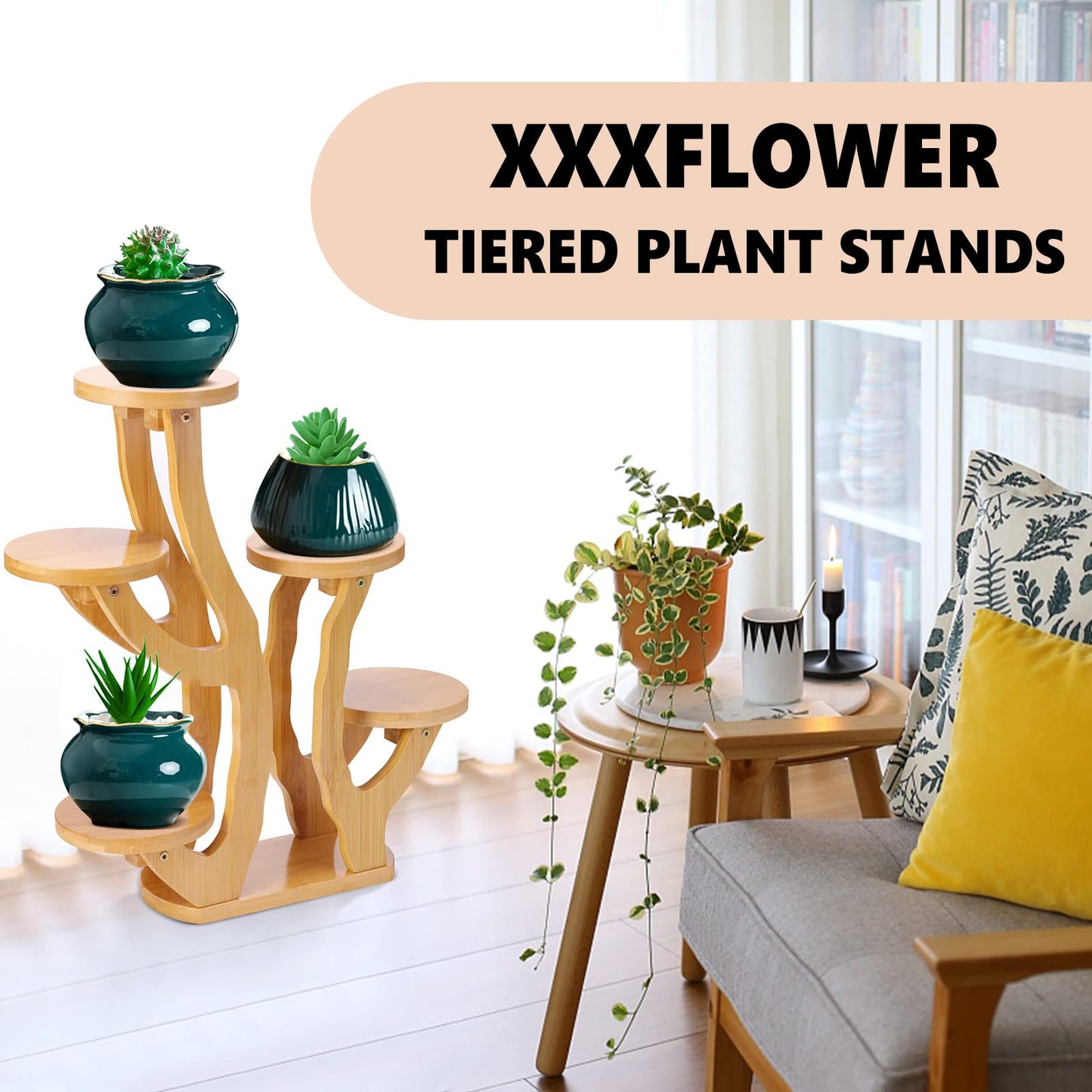 XXXFLOWER 5 Tiered Plant Stand Bamboo Mini Succulent Windowsill Shelf for Desk Tabletop Living Room Balcony Outdoor Patio Garden - WoodArtSupply