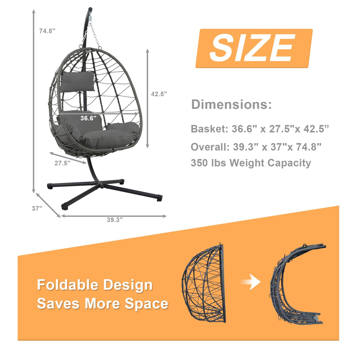 Egg Chair Indoor Outdoor, Foldable Hanging Egg Chair with Stand, Patio Swing Egg Chairs, UV Resistant Removable &Washable Thicken Padded Cushions, 350LBS Capacity for Bedroom, Balcony, Dark Gray HiDSLiving
