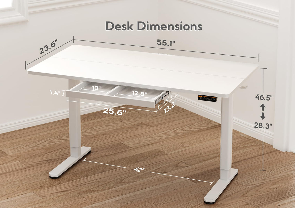 Claiks Standing Desk with Drawers, Stand Up Electric Standing Desk Adjustable Height, Sit Stand Desk Computer Workstation, 55 Inch, White Claiks