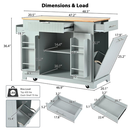 Ball & Cast Fluted Kitchen Island with Trash Can Storage Cabinet,Power Outlet,Internal Storage Rack,Rolling Kitchen Islands On 5 Wheels W/3 Drawer&3 Open Side Racks for 10 Gallon Garbage Bin,Grey Blue