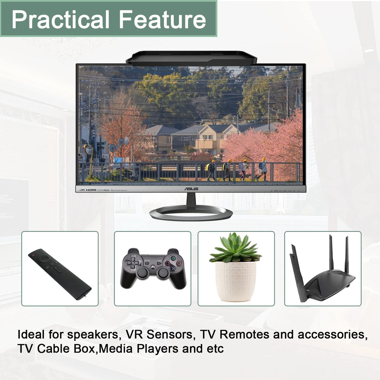 TETVIK TV Screen Top Shelf Monitor Shelf Adjustable Computer Screen Shelf Mount for Office Desk, Cellphone Stand, Media Box, Game Console, Router 11.8 x4.7 inch TV Tray Storage Organizer Bracket TETVIK