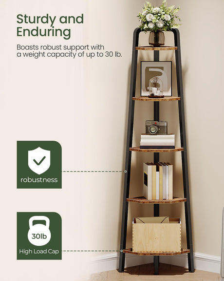 CHOEZON Corner Shelf, 5-Tier Ladder Corner Shelf, Ladder Bookshelf, 59.6" Tall Vertical Display Stand, Metal Frame Bookshelf, for Living Room, Bedroom, Kitchen, Rustic Brown and Black TCJ20BF CHOEZON