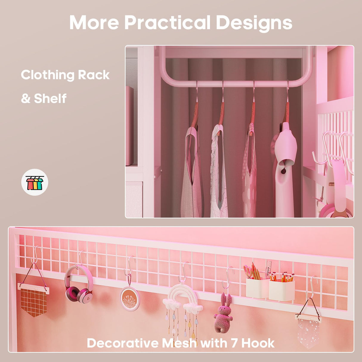 ADORNEVE Loft Bed Full Size with Desk and 8 Storage Drawers, LED Metal Loft Bed with Power Outlet, 2 Shelves & Clothing Rack, Bed with Safety Guardrail & Ladder,Space-Saving, White ADORNEVE