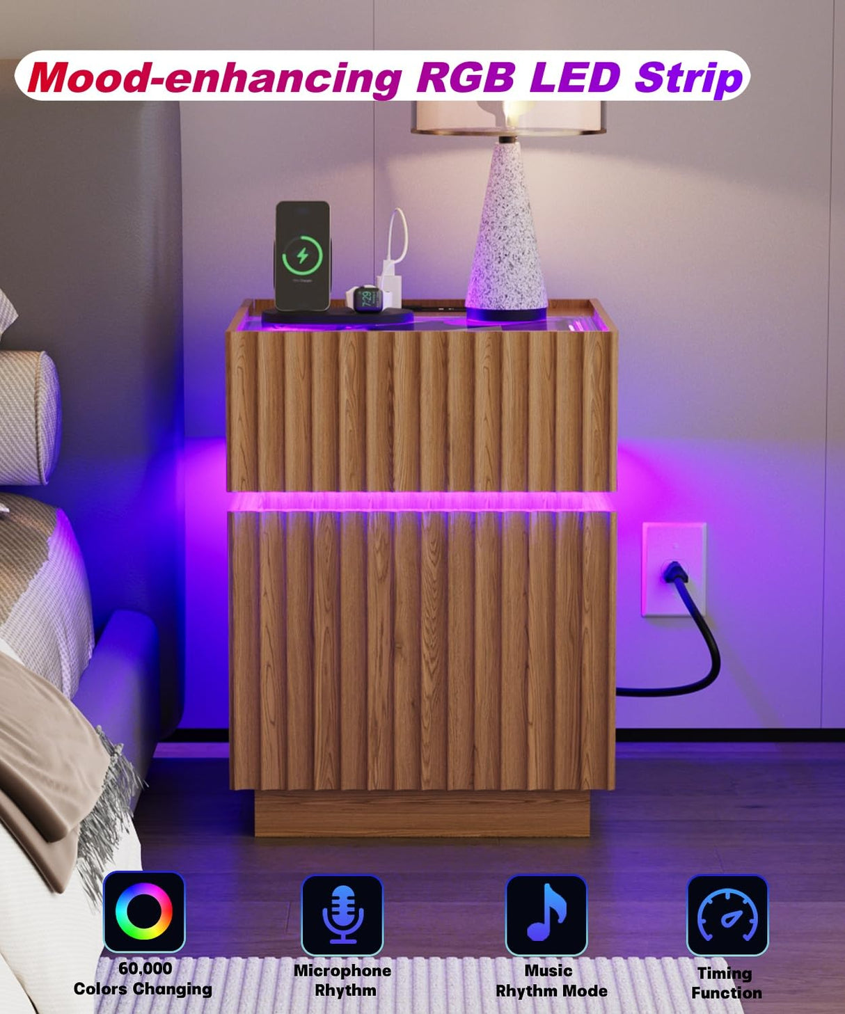 Irontar Fluted Nightstand with 2 Drawers & RGB LED Lights, Wooden Night Stand with Glass Top, Bedside Table with Charging Station, Modern End Side Table for Bedroom, Natural Oak BZZ012ME Irontar