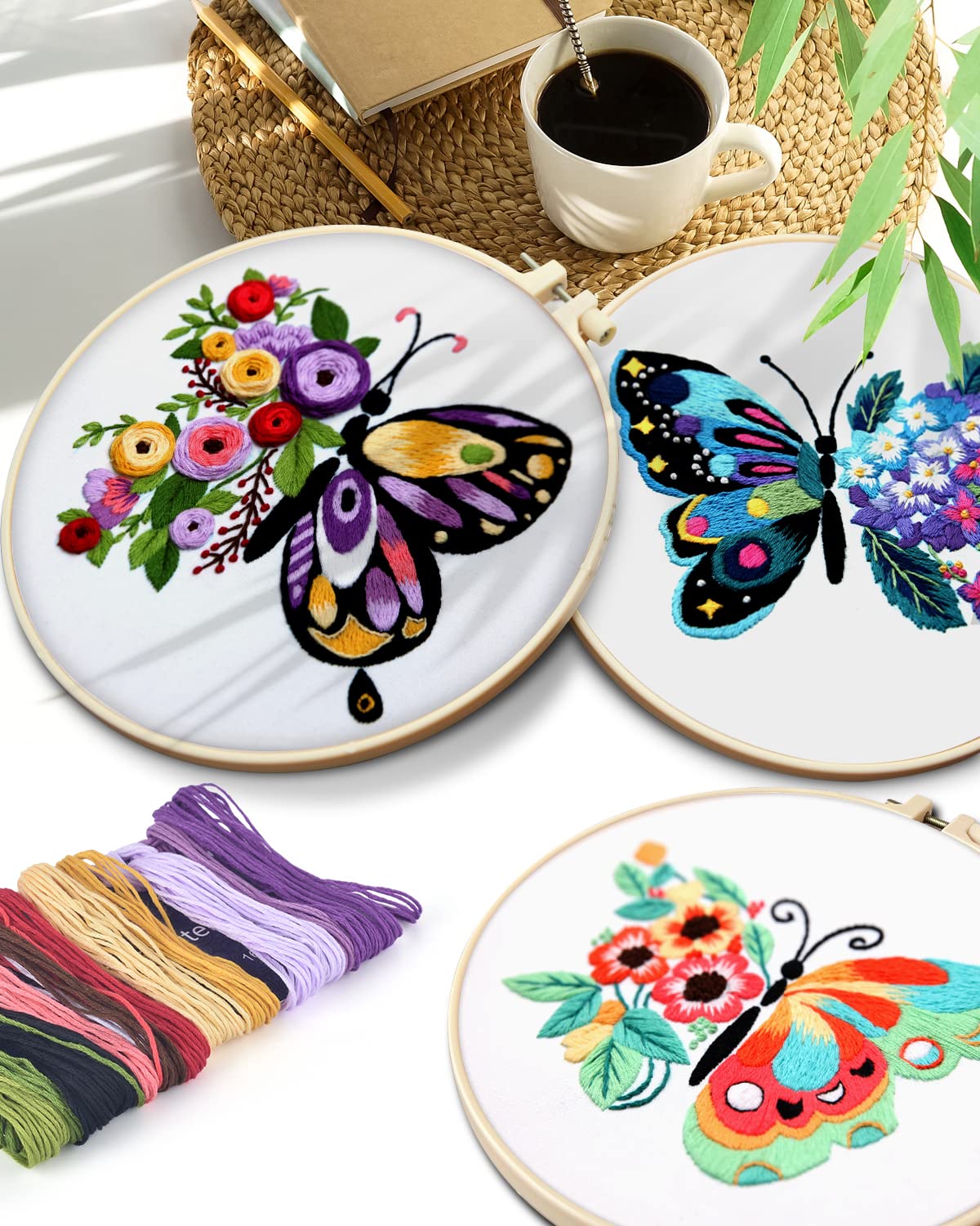 TINDTOP 3 Sets Embroidery Stitch Practice kit, Butterfly Flower Embroidery Kit for Beginners Include Cloth Hoops Threads for Craft Lover Hand Stitch with Embroidery Skill Techniques TINDTOP