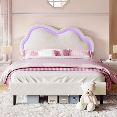 Jocisland LED Bed Frame Full Size Velvet Upholstered Platform Bed with Adjustable Cloud Headboard, No Box Spring Needed, Easy Assembly, Cream