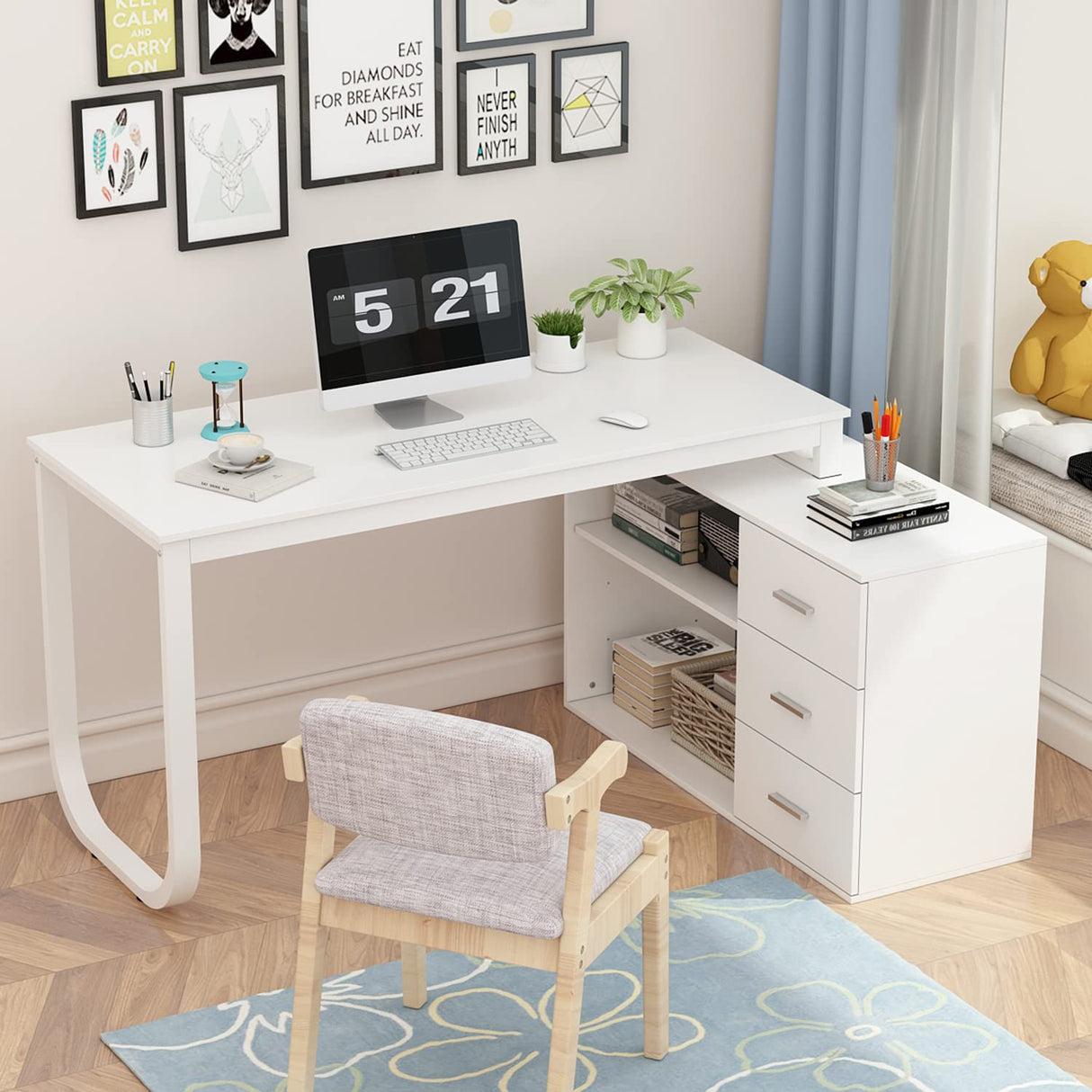 Homsee Home Office Computer Desk Corner Desk with 3 Drawers and 2 Shelves, 55 Inch Large L-Shaped Study Writing Table with Storage Cabinet - White Homsee