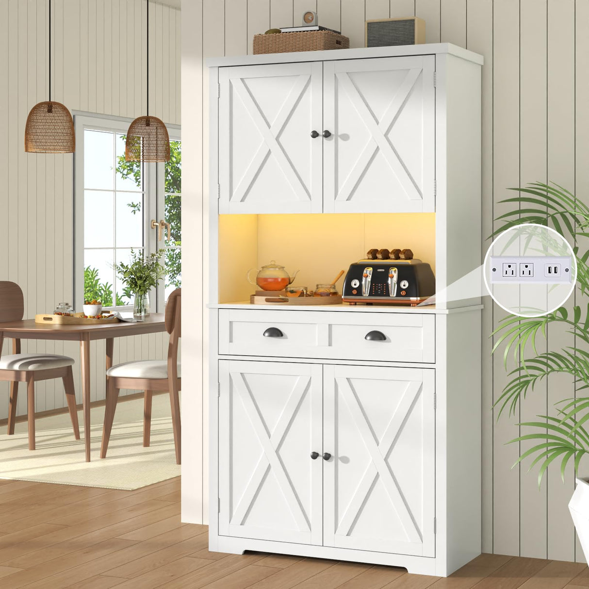 Loomie 72" Farmhouse Kitchen Pantry Cabinet With LED, Operation Table & Power Outlet, Tall Storage With Drawer, Adjustable Shelves for Dining Room (White) Loomie