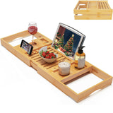 Foldable Bamboo Bathtub Caddy Tray Expandable for Luxury Bath, Bath Accessories & Table with Wine Glass Holder, Book Stand Bathroom Organizer with Extending Sides for Men/Women BAMBUROBA