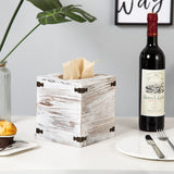 Distressed Farmhouse Square Solid Wood Tissue Box Cover with Slide-Out Bottom Panel Honey Brown Tissue Box Holder for Bathroom Living Room Dining Room Bedroom Toilet (Washed White) canwedance