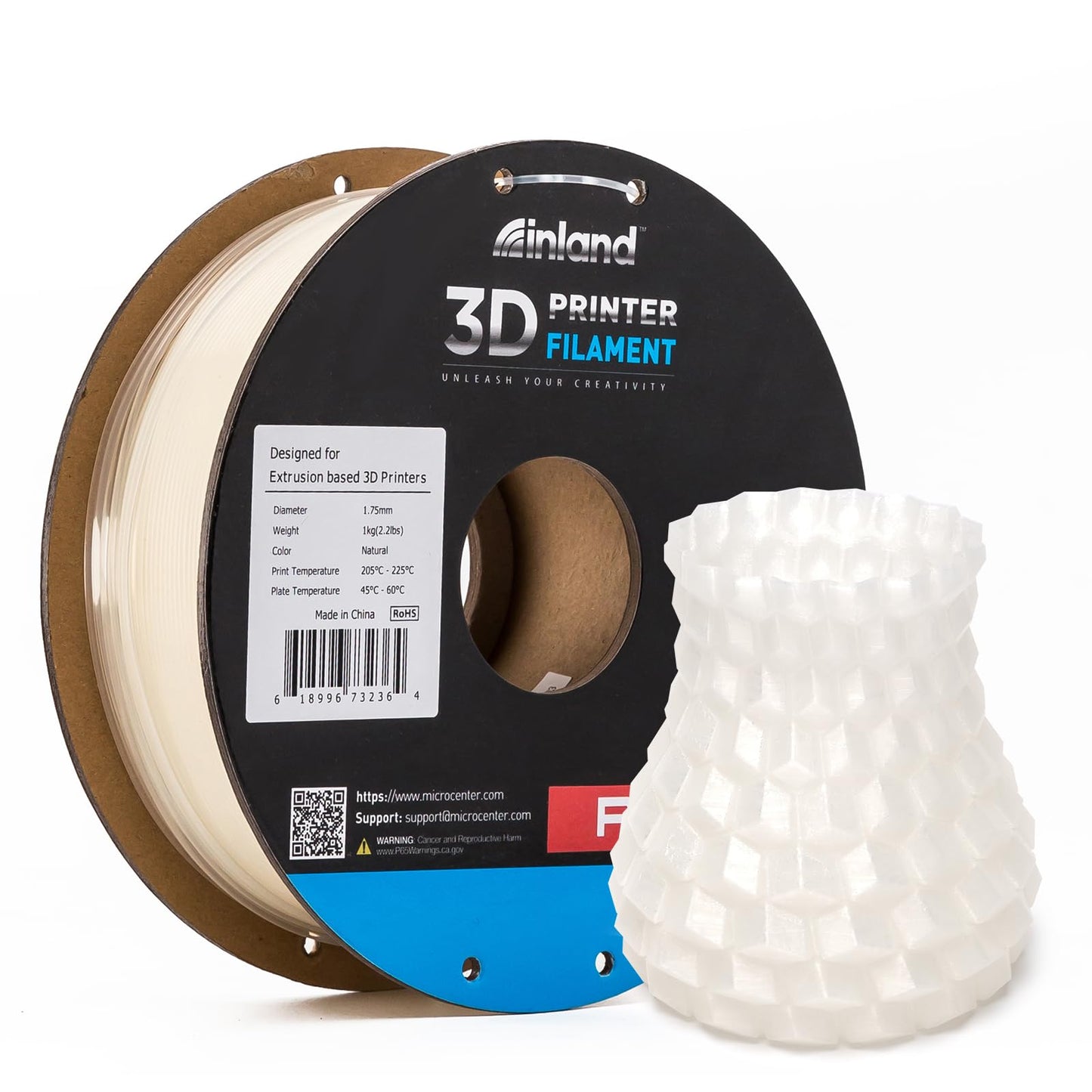 INLAND Micro Center PLA+ 3D Printing Filament 1.75mm - Natural PLA Plus 3D Printer Filament - PLA Pro Dimensional Accuracy +/- 0.03 mm - 1 kg Cardboard Spool (2.2 lbs) - WoodArtSupply