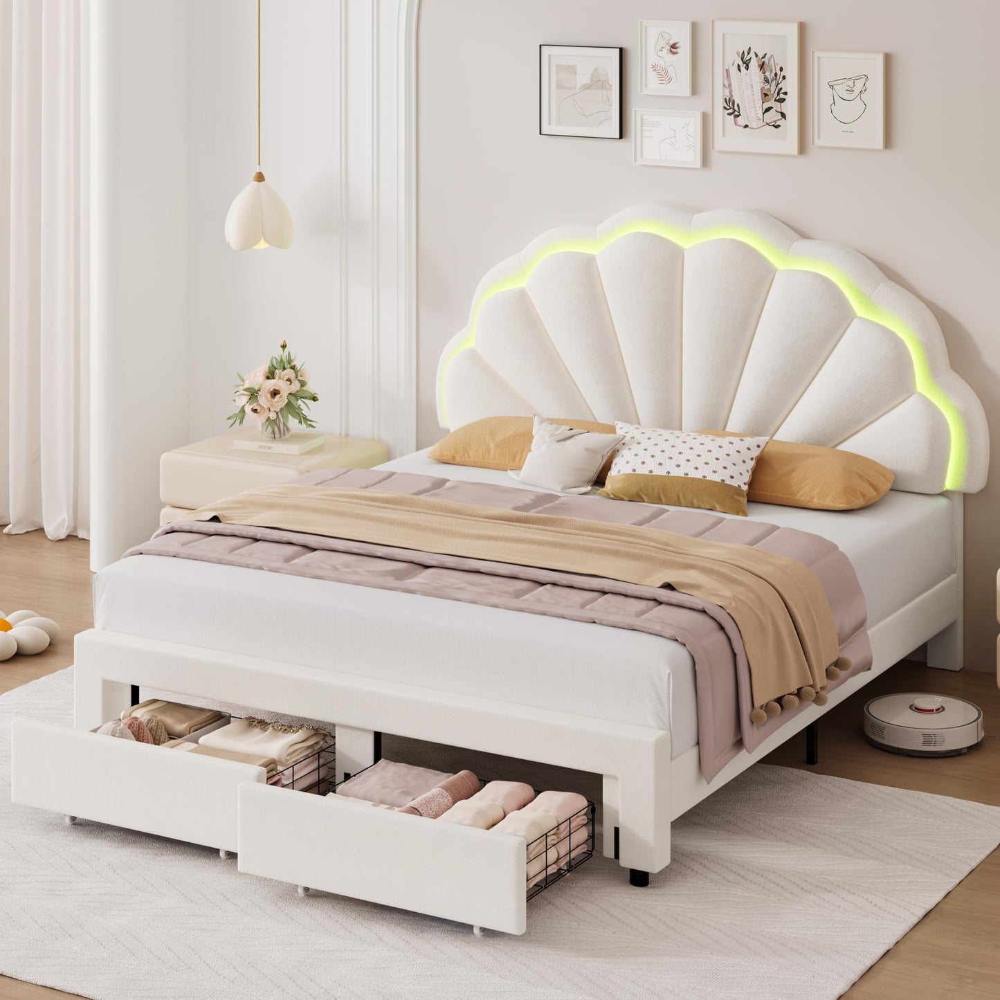 HIFIT Queen Smart LED Upholstered Bed Frame with Storage Drawers & Adjustable Velvet Headboard, Beige - WoodArtSupply