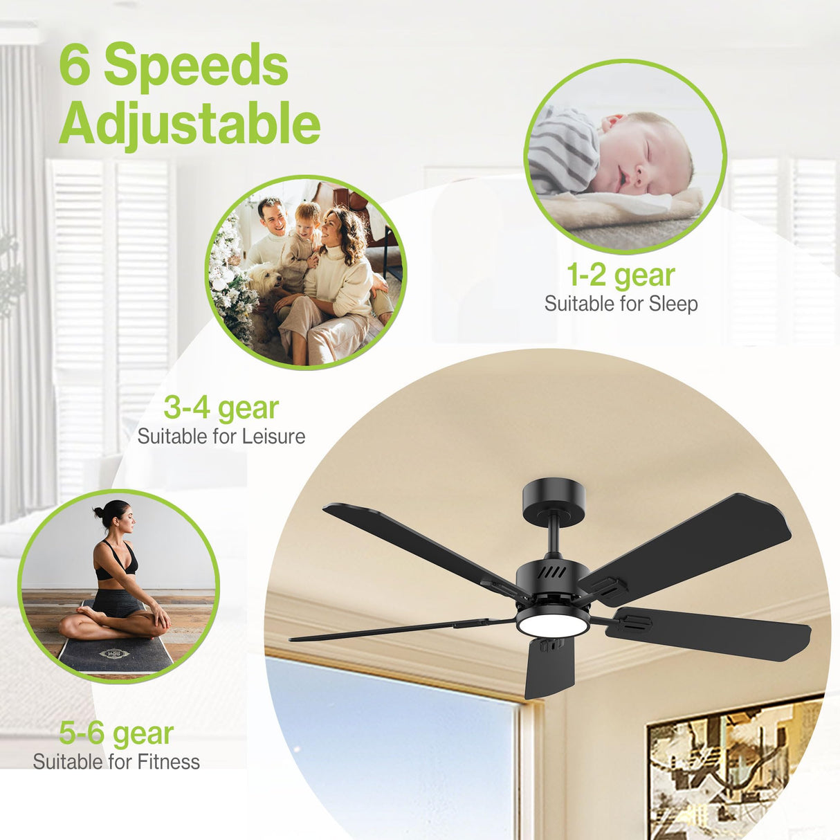 DAMINY 52 inch Ceiling Fan with Light,6CCT,5 Blade Ceiling Fan with Light,Low Profile Ceiling Fan with Light and Remote Control,Downrods,Black Ceiling Fan for Living Room,Indoor/Outdoor Use DAMINY