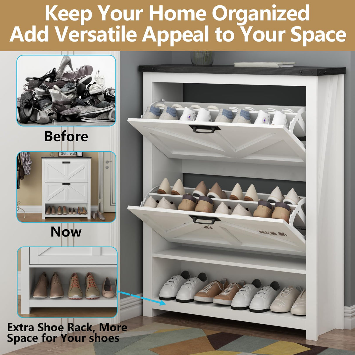 Loomie Farmhouse Shoe Cabinet,Free Standing Tipping Bucket Shoe Rack Organizer with 2 Flip Drawers,Entryway Narrow Shoe Storage,Modern Slim Hidden Shoe Cabinet with Doors & Storage Cubby, White Loomie