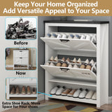 Loomie Farmhouse Shoe Cabinet,Free Standing Tipping Bucket Shoe Rack Organizer with 2 Flip Drawers,Entryway Narrow Shoe Storage,Modern Slim Hidden Shoe Cabinet with Doors & Storage Cubby, White Loomie