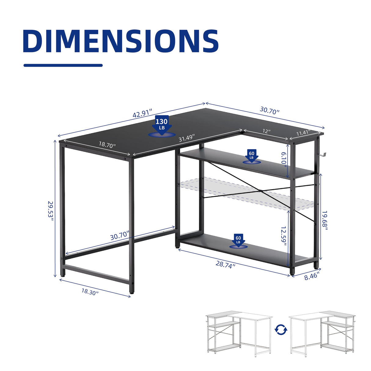 Pamray 43 Inch L Shaped Computer Desk with Reversible Side Storage Shelves, Small Corner Desk for Small Space Home Office,Writing Study Table PC Desk for Bedroom,Espresso Gray Pamray
