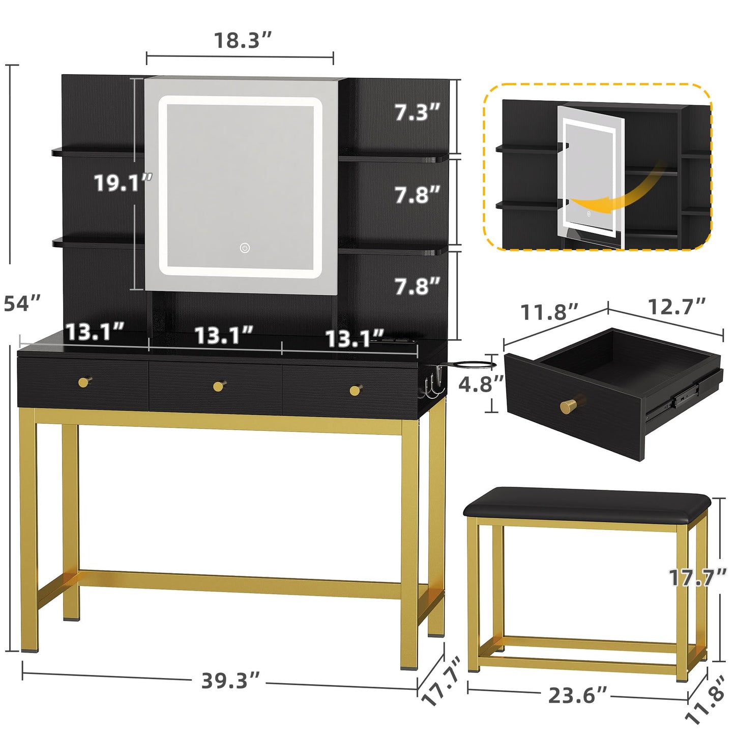 YITAHOME Makeup Vanity Desk Set with Mirror and Lights & Charging Station & Makeup Stool, 3 Drawers Vanity Table with 3 Hidden Storage Shelves for Bedroom (Black & Gold) 39.5" W, Upgraded