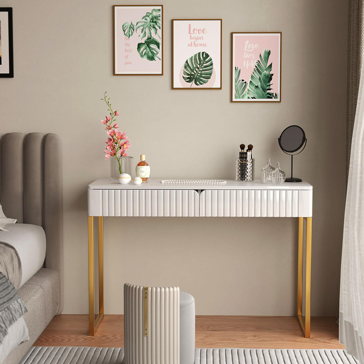 Tamworth Design Elegant Modern Desk, 2 Drawers, Gold Legs, 43.3x15.75 inches, Home Office, Makeup Vanity, Computer, Writing, Study, Entryway, Sofa Table Tamworth Design