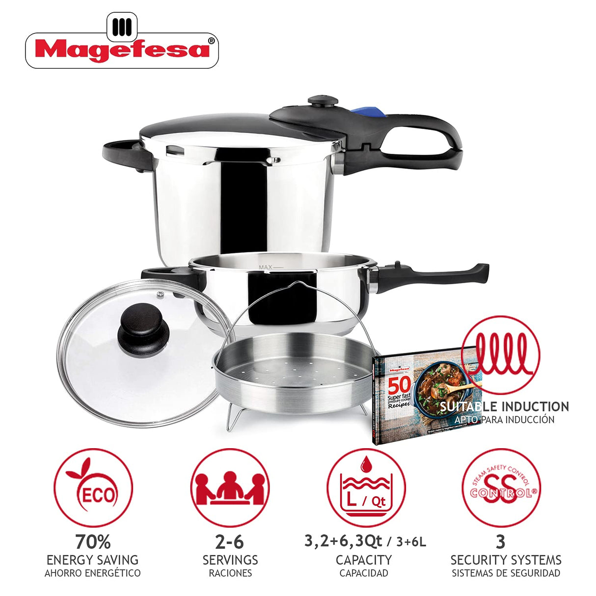 Magefesa® Favorit Six Super-Fast pressure cooker, 3.2 + 6.3 Quart, stainless steel, suitable induction, heat diffuser bottom, 5 safety systems SPECIAL EDITION (Steam basquet + Lid + Recipe book) MAGEFESA