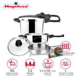 Magefesa® Favorit Six Super-Fast pressure cooker, 3.2 + 6.3 Quart, stainless steel, suitable induction, heat diffuser bottom, 5 safety systems SPECIAL EDITION (Steam basquet + Lid + Recipe book) MAGEFESA