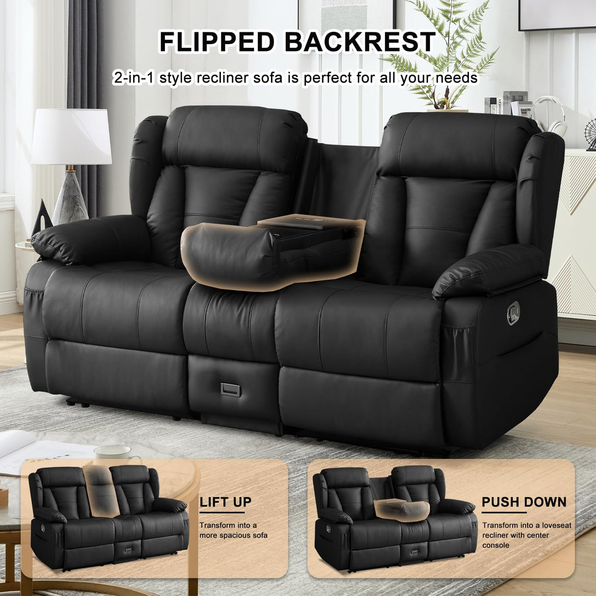 WISHDEER Loveseat Recliner Sofa, RV Recliner Couch, Manual Reclining Loveseat with Console for Living Room, Home Theater Seating with AC/USB C/USB and Drawer (Black, Loveseat with Console) WISHDEER