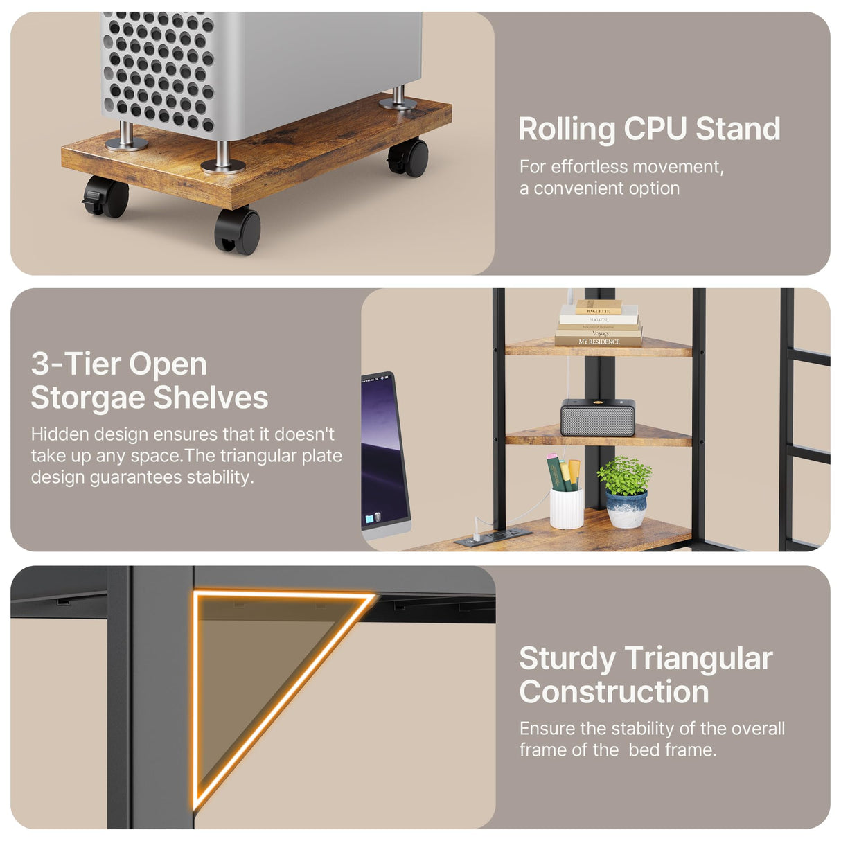 Gizoon Loft Bed Twin Size, Twin Loft Bed with Desk and LED Lights, Charging Sation & Storage Shelves, Heavy Duty Metal Bed Frames with Safety Guard & Ladder, No Box Spring Needed, Space-Saving, Brown Gizoon