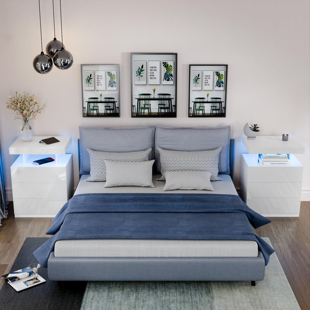 HOMMPA LED Nightstand with Wireless Charging Station & USB Ports, 3 Drawer Night Stand with LED Light RGB Adjustable Brightness, Smart Nightstand High Gloss Bedside Table for Bedroom White HOMMPA