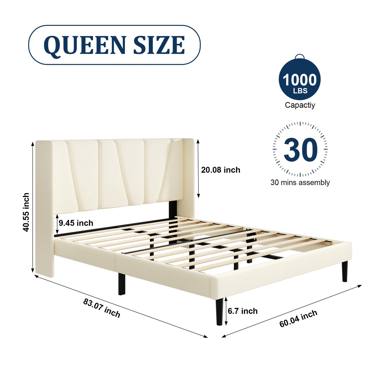 Queen Bed Frame with Headboard and Wingback, Velvet Upholstered Platform Bed, Mattress Foundation with Wooden Slat Support, No Box Spring Needed, Easy Assembly, Noise Free, Beige Sismplly
