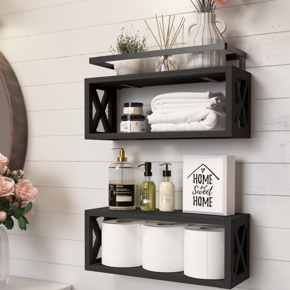 RICHER HOUSE Floating Shelves with Guardrail, Rustic Wood Shelves for Wall Décor, Farmhouse Bathroom Accessories Wall Mounted, Bathroom Wall Organizer over Toilet Storage, Kitchen, Living Room - Black RICHER HOUSE