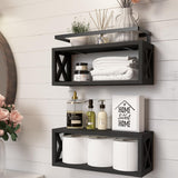 RICHER HOUSE Floating Shelves with Guardrail, Rustic Wood Shelves for Wall Décor, Farmhouse Bathroom Accessories Wall Mounted, Bathroom Wall Organizer over Toilet Storage, Kitchen, Living Room - Black RICHER HOUSE