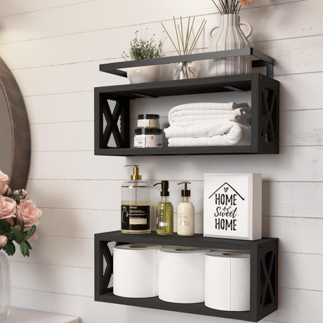 RICHER HOUSE Floating Shelves with Guardrail, Rustic Wood Shelves for Wall Décor, Farmhouse Bathroom Accessories Wall Mounted, Bathroom Wall Organizer over Toilet Storage, Kitchen, Living Room - Black RICHER HOUSE