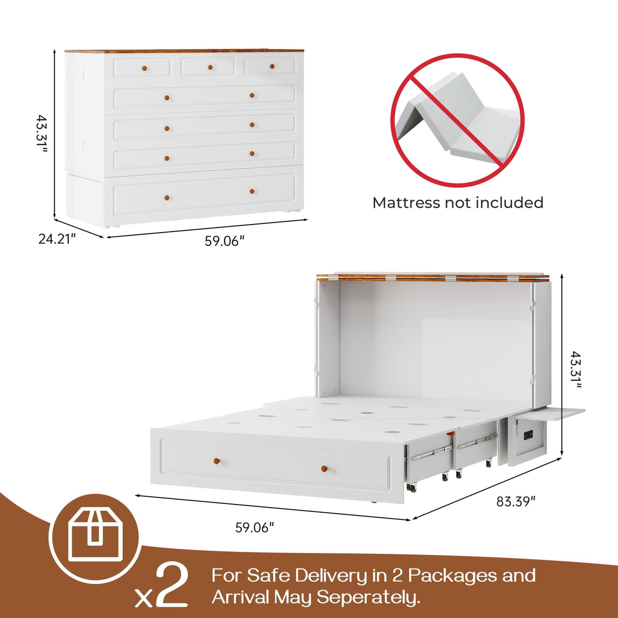 Tafeumob Murphy Bed Queen Size: Murphy Bed Cabinet with Drawer Space-Saving with Shelves&Charging Station for Bedroom, Multipurpose Area, Guest Room, Apartment White (Mattress not Included) Tafeumob
