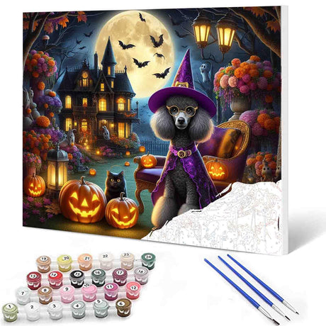 Halloween Witch Poodle Paint by Numbers Kit for Adults DIY Acrylic Painting Project Halloween Night Cute Animal Pumpkin Canvas Art Set Relaxing Craft Activity Gift Home Decor 16x20 Inch (Frameless) Tucocoo