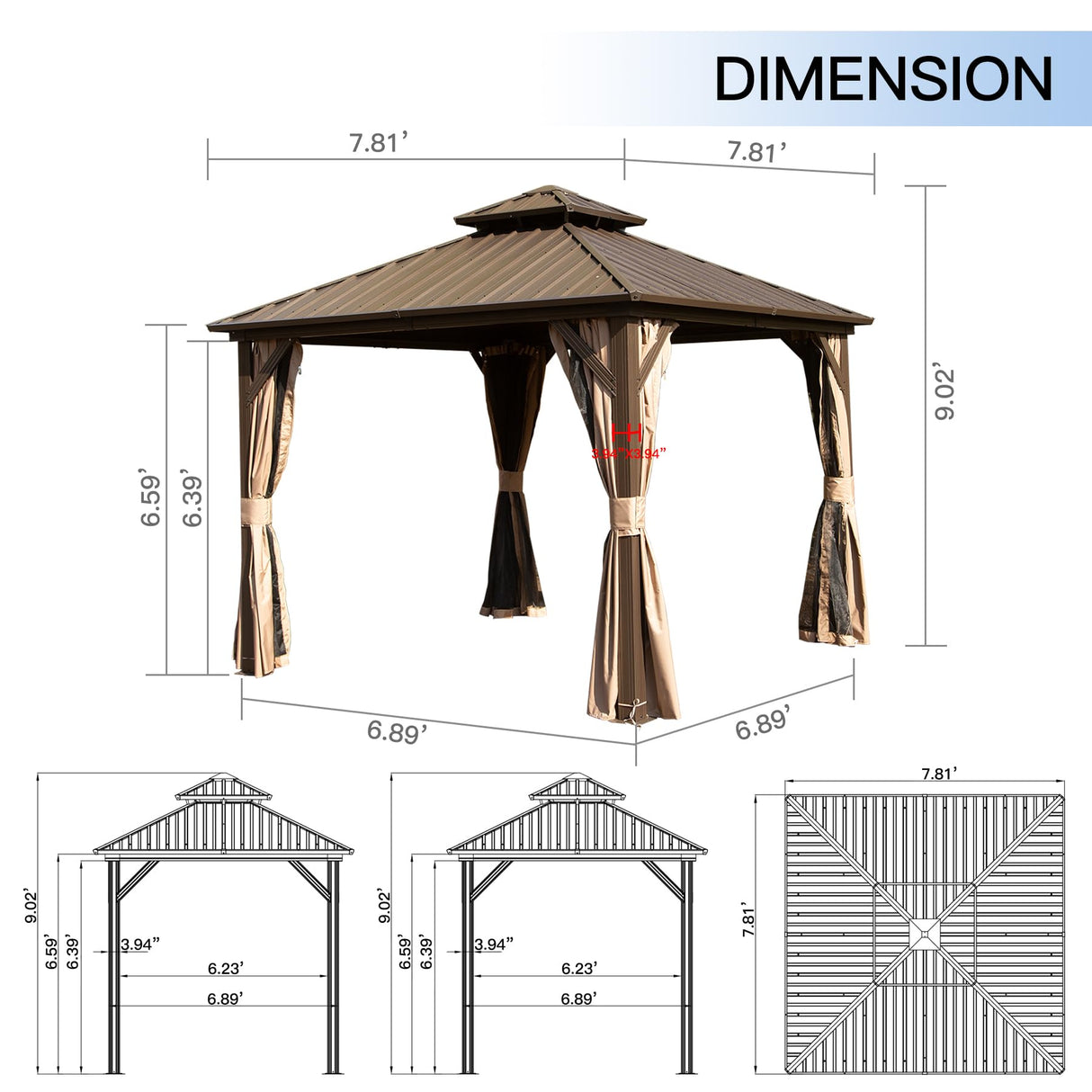 Domi 8’ X 8’ Hardtop Gazebo Canopy with Netting & Curtains, Outdoor Gazebo with Galvanized Steel Double Roof for Patio Lawn and Garden, Brown domi outdoor living