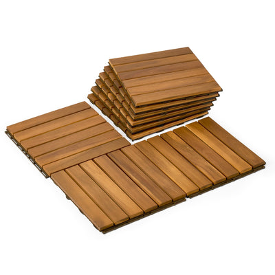 Upolana 9 PCS Interlocking Deck Tiles 12" x 12", 6 Slats Outdoor Flooring Acacia Wood Patio Tiles, Waterproof Patio Flooring Decking for Balcony Backyard, Indoor and Outdoor Use