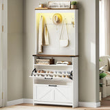 Farmhouse Shoe Cabinet with Coat Rack, Tall Shoe Cabinet with 2 Flip Drawers, Narrow Hidden Shoe Storage Cabinet, 2 in 1 Hall Tree Slim Freestanding Shoe Rack Organizer for Entryway, LED Light, White RALGEND