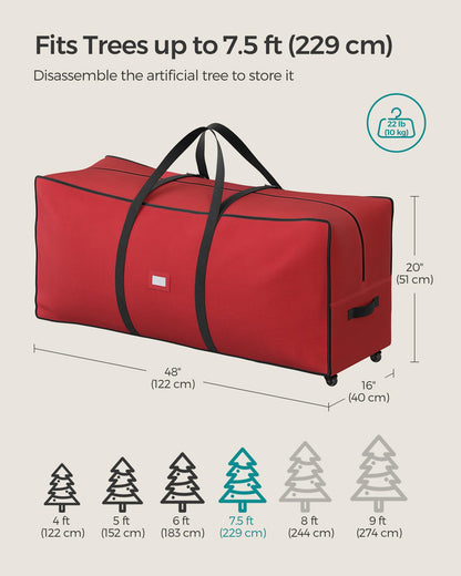 SONGMICS Christmas Tree Storage Bag with 1.6-Inch Wheels, Rolling Storage Bag, up to 7.5 ft, For Disassembled Holiday Tree, Length-Adjustable Handles, 600D Oxford Fabric, Cherry Red URXS004R03