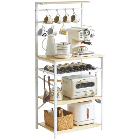 YMYNY Kitchen Baker's Rack, Microwave Oven Stand with Storage Shelves, Wine Holders, S-Hooks, Adjustable, Metal Frame, Natural Color UHBR001R YMYNY