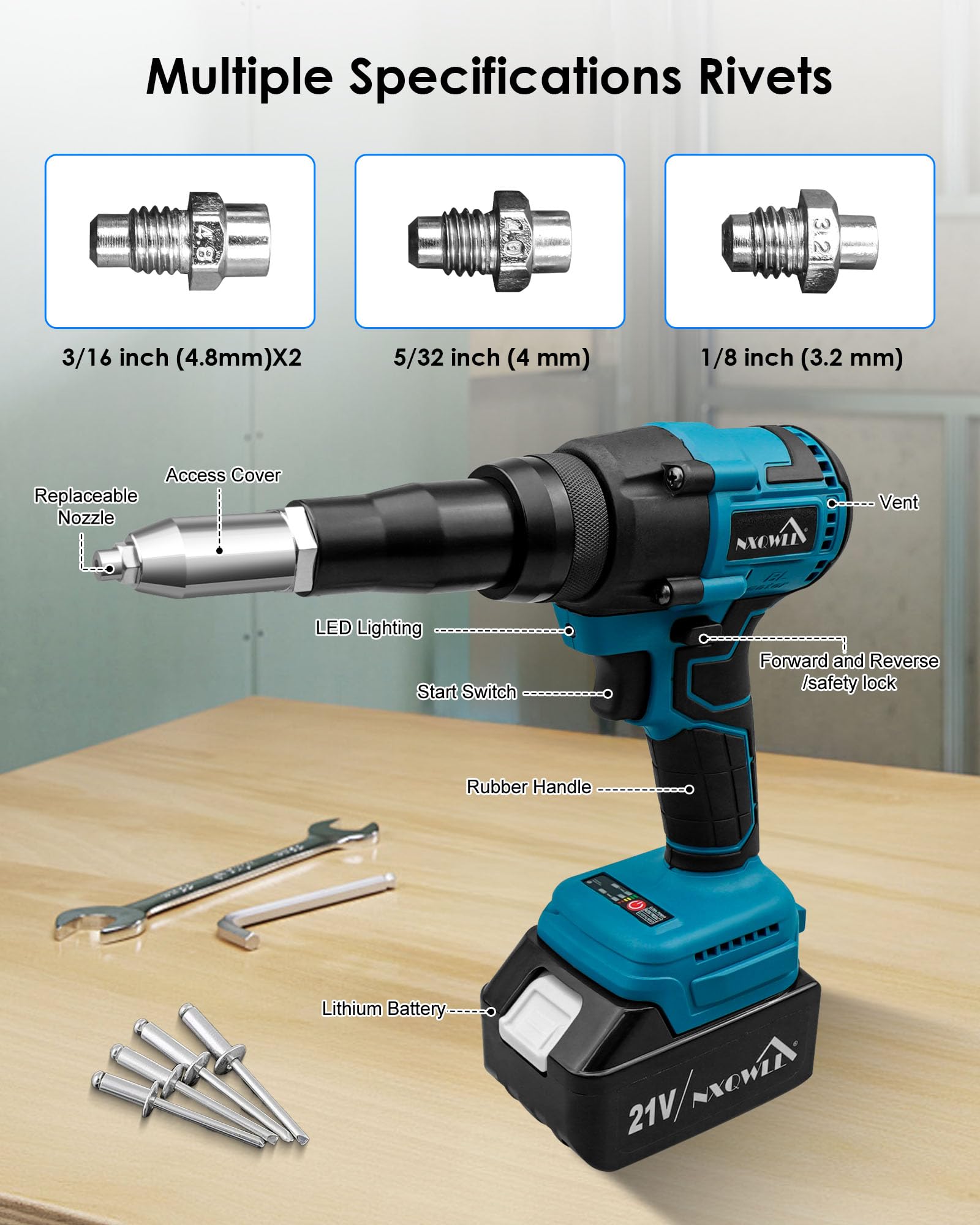 NXQWLL Cordless Rivet Gun, Electric Brushless Blind Rivet Tool Kit with Charger and 2 Batteries, Portable Electric Rivet Gun Kit for 1/8", 5/32", 3/16" Rivets - WoodArtSupply